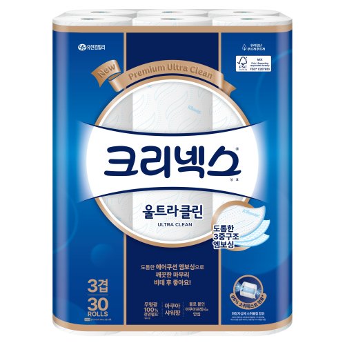 크리넥스 울트라클린 천연펄프 3겹 고급롤화장지, 27m, 30개입, 1개