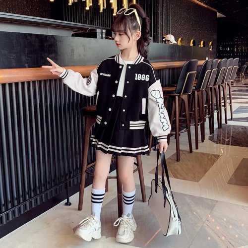 용수철 소녀용 패치워크 지퍼 스트라이프 재킷, 상의 및 야구 의류 하의, 짧은 스커트 세트, 5, 6, 7, 8, 9